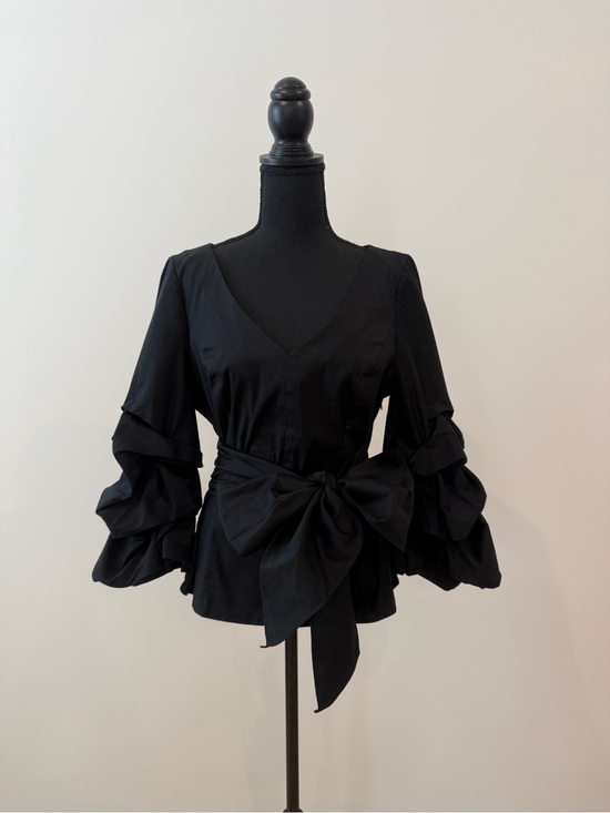 White House Black Market Tops - White House Black Market Black Statement Ruffle-Sleeve Bow-Waist Peplum Blouse